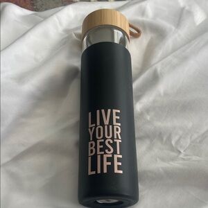 Motivational Black Glass Water Bottle with Bamboo Lid